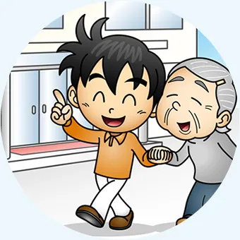 祖母と孫が楽しく散歩しているイラスト