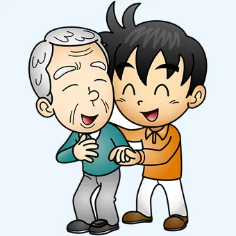 おじいちゃんと孫が仲良く散歩しているイラスト