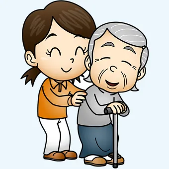 おばあちゃんと孫娘が仲良く散歩しているイラスト