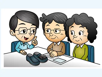 認知症徘徊に備えてiTSUMOのGPSの説明を聞いているイラスト