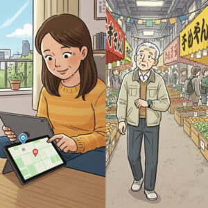娘さんが海外からGPS検索で認知症のお父さんの徘徊を見守るイラスト